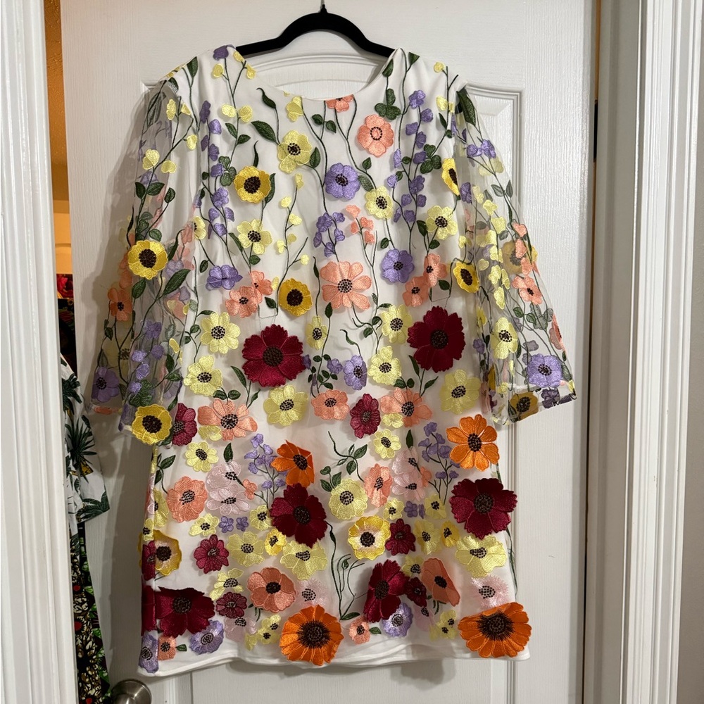 She + Sky White Mini Dress with Multicolor Floral Embroidery